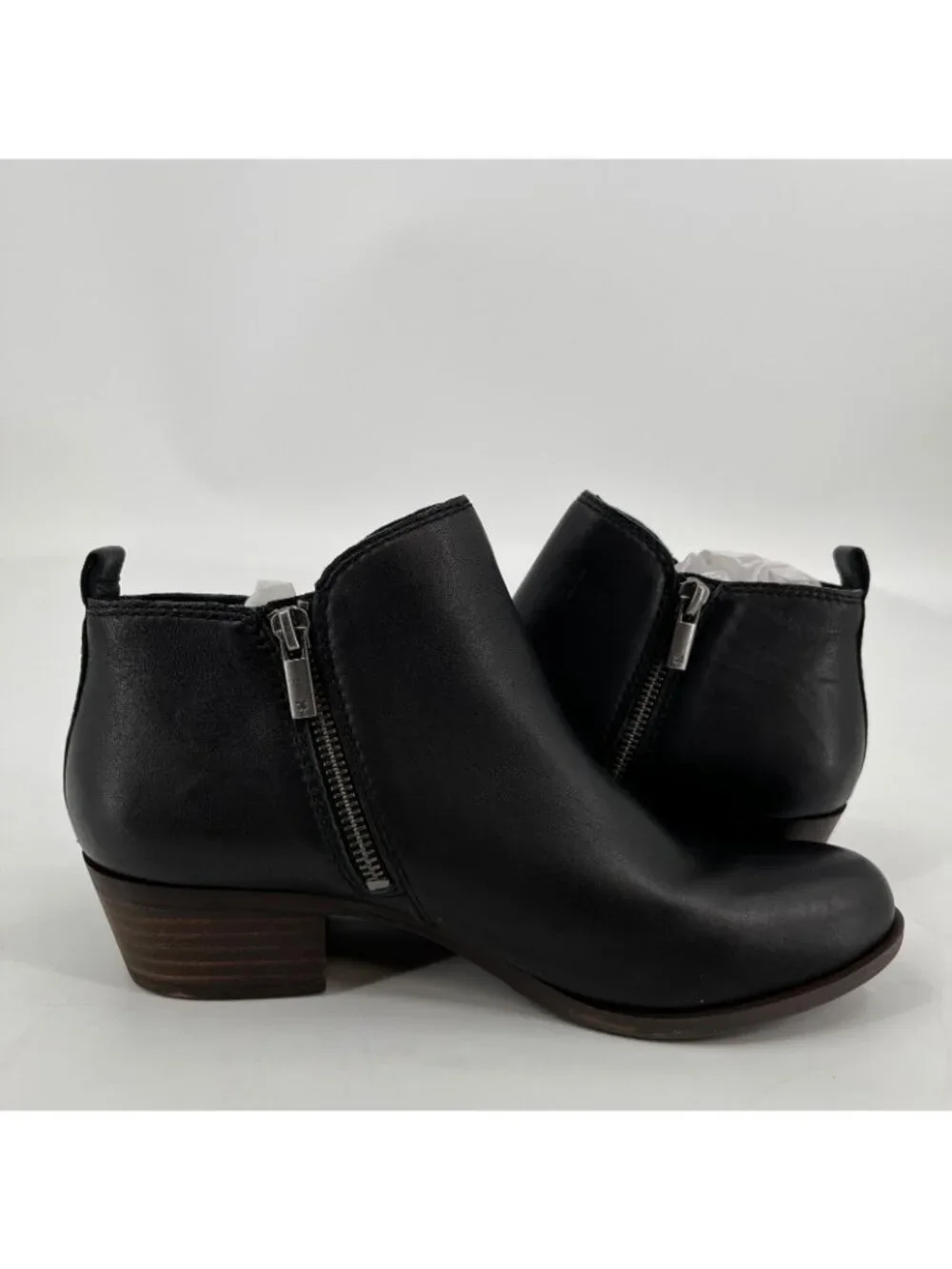 Lucky Brand Basel Bootie Black Leather Size 8.5M Ankle Boots Dual Zip Block Heel
